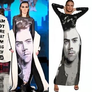 House of Muamua Harry Styles Allover Sublimation Printed Mesh Maxi Dress RARE